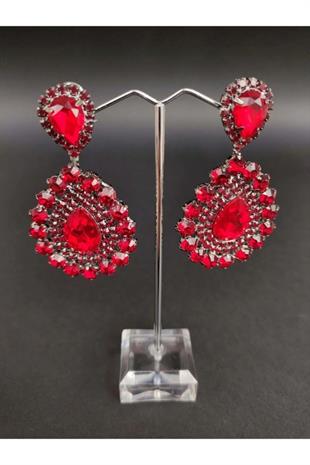 Bordo Kristal Taşlı Kına Düğün Gelin Küpesi
