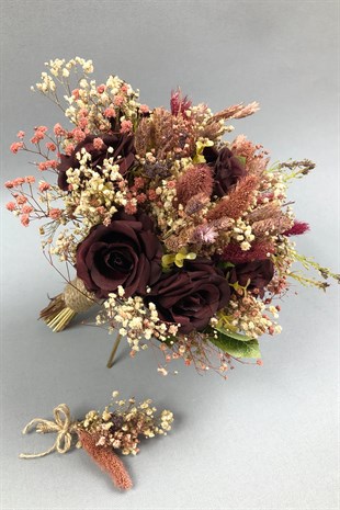 Bordo Kurutulmuş Çiçekli Gelin Buketi ve Yaka Çiçeği