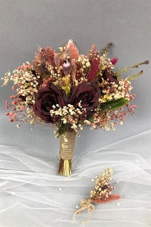 Bordo Kurutulmuş Çiçekli Gelin Buketi ve Yaka Çiçeği