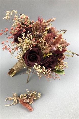 Bordo Kurutulmuş Çiçekli Gelin Buketi ve Yaka Çiçeği