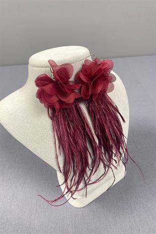 Burgundy Laser Flower Ostrich Feather Earrings