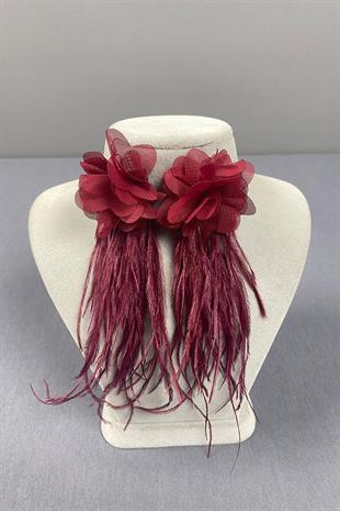 Burgundy Laser Flower Ostrich Feather Earrings