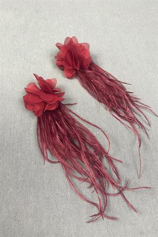 Burgundy Laser Flower Ostrich Feather Earrings