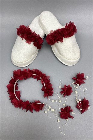 Claret Red Laser Flowered Pearl Crown and Postpartum Slippers Set