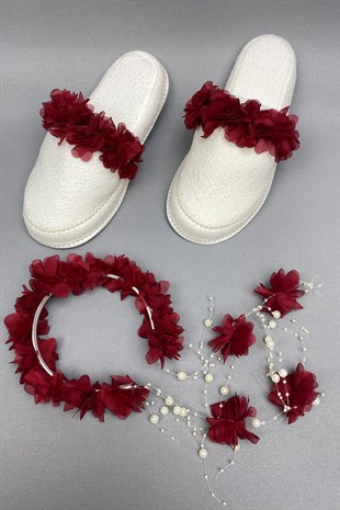 Claret Red Laser Flowered Pearl Crown and Postpartum Slippers Set