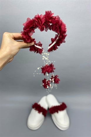Claret Red Laser Flowered Pearl Crown and Postpartum Slippers Set