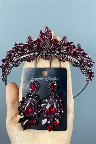 Claret Red Lena Crystal Bridal Henna Crown And Studded Earring Set