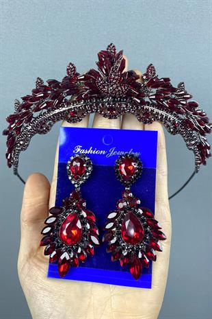 Claret Red Lena Crystal Bridal Henna Crown And Stone Earring Set