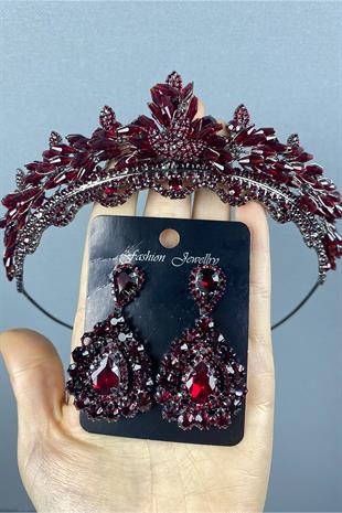 Claret Red Lena Crystal Bridal Henna Crown And Stone Earring Set