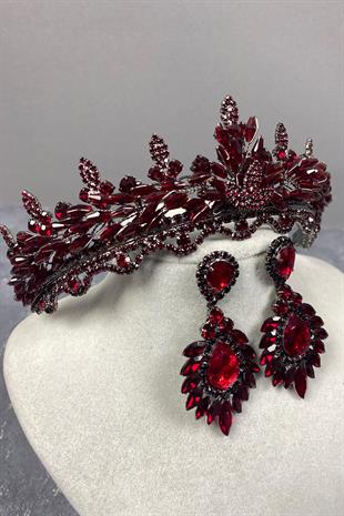Claret Red Lena Crystal Bridal Henna Crown And Stone Earring Set