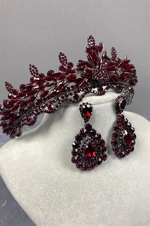 Claret Red Lena Crystal Bridal Henna Crown And Stone Earring Set
