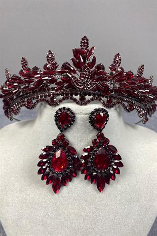 Claret Red Lena Crystal Bridal Henna Crown And Stone Earring Set