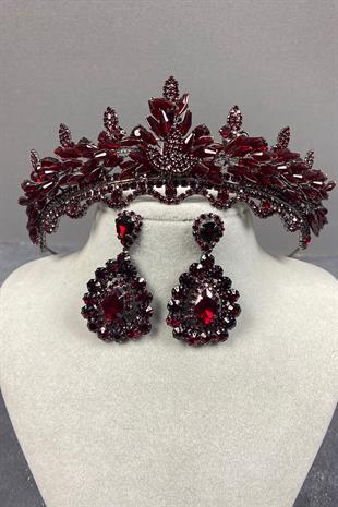 Claret Red Lena Crystal Bridal Henna Crown And Stone Earring Set