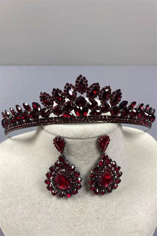 Burgundy Leyn Bridal Henna Crown and Almond Stone Earring Set