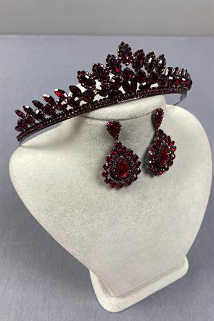 Burgundy Leyn Bridal Henna Crown and Almond Stone Earring Set