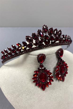 Burgundy Leyn Bridal Henna Crown and Drop Shuttle Earring Set