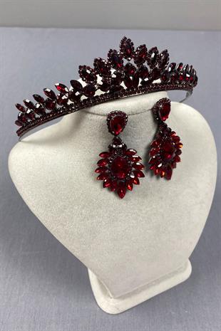 Burgundy Leyn Bridal Henna Crown and Drop Shuttle Earring Set