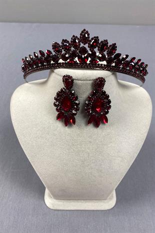 Burgundy Leyn Bridal Henna Crown and Drop Stone Earring Set