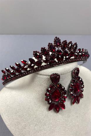 Burgundy Leyn Bridal Henna Crown and Drop Stone Earring Set