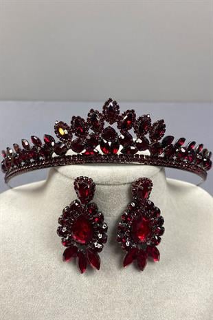 Burgundy Leyn Bridal Henna Crown and Drop Stone Earring Set