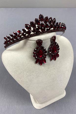 Burgundy Leyn Bridal Henna Crown and Drop Stone Earring Set