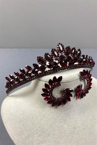 Burgundy Leyn Bridal Henna Crown and Round Stone Earring Set