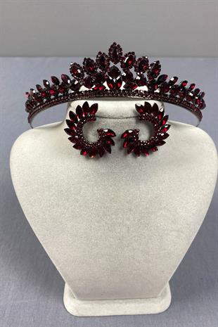 Burgundy Leyn Bridal Henna Crown and Round Stone Earring Set