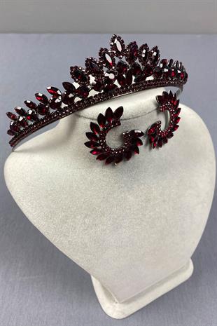 Burgundy Leyn Bridal Henna Crown and Round Stone Earring Set