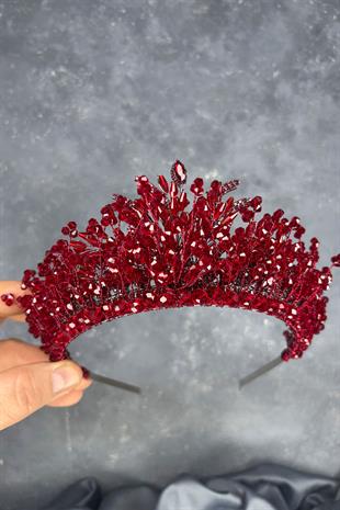 Bordo Livan Boncuklu Gelin Kına Tacı Saç Aksesuarı