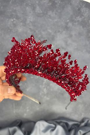 Bordo Livan Boncuklu Gelin Kına Tacı Saç Aksesuarı