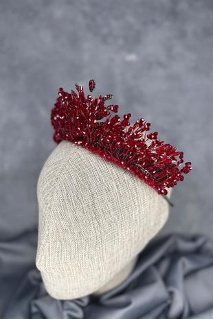 Bordo Livan Boncuklu Gelin Kına Tacı Saç Aksesuarı