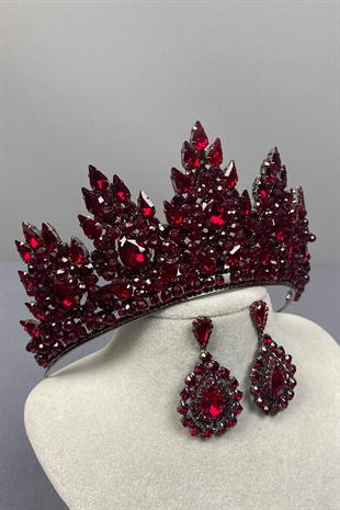 Burgundy Lotus Bead Embroidered Bridal Henna Crown and Drop Earring Set