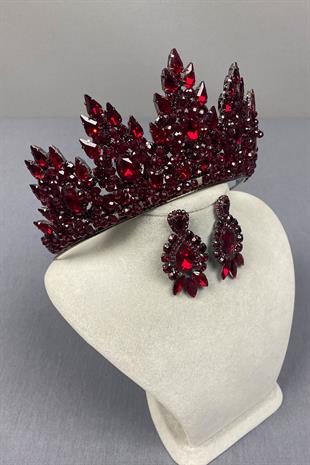 Burgundy Lotus Bead Embroidered Bridal Henna Crown and Drop Earring Set