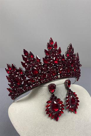 Burgundy Lotus Bead Embroidered Bridal Henna Crown and Drop Earring Set