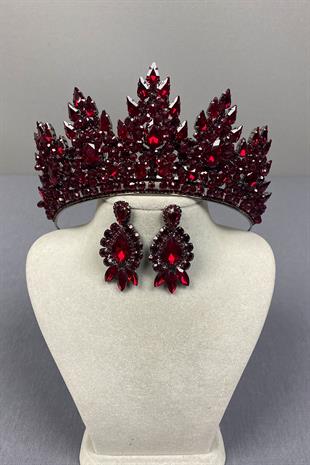 Burgundy Lotus Bead Embroidered Bridal Henna Crown and Drop Earring Set