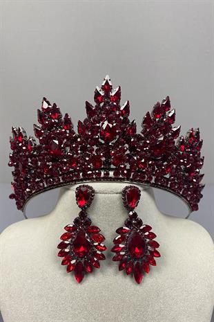 Burgundy Lotus Bead Embroidered Bridal Henna Crown and Drop Earring Set