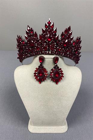 Burgundy Lotus Bead Embroidered Bridal Henna Crown and Drop Earring Set