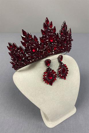 Burgundy Lotus Bead Embroidered Bridal Henna Crown and Drop Earring Set