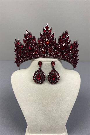Burgundy Lotus Bead Embroidered Bridal Henna Crown and Drop Earring Set