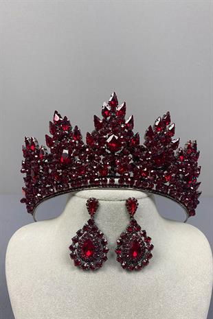 Burgundy Lotus Bead Embroidered Bridal Henna Crown and Drop Earring Set
