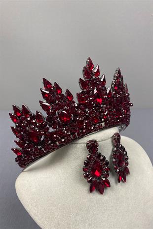 Burgundy Lotus Bead Embroidered Bridal Henna Crown and Drop Earring Set