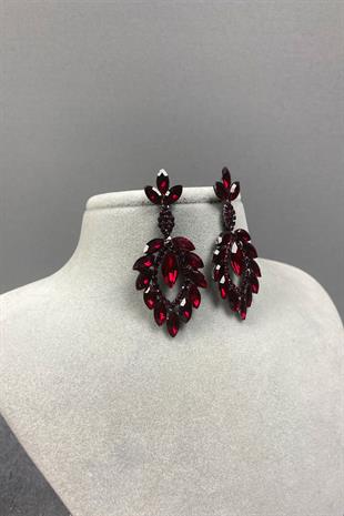 Bordo Mekik Duru Yaprak Desenli Taşlı Abiye Küpe