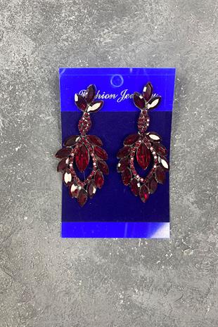Bordo Mekik Duru Yaprak Desenli Taşlı Abiye Küpe