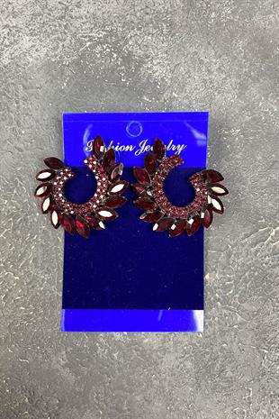 Bordo Mekik Hera Yaprak Desen Taşlı Abiye Küpe