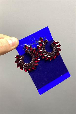 Bordo Mekik Hera Yaprak Desen Taşlı Abiye Küpe