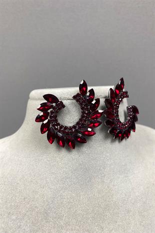 Bordo Mekik Hera Yaprak Desen Taşlı Abiye Küpe
