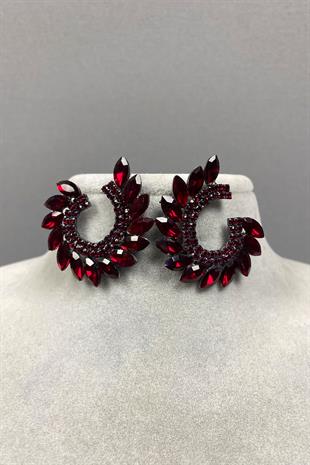 Bordo Mekik Hera Yaprak Desen Taşlı Abiye Küpe