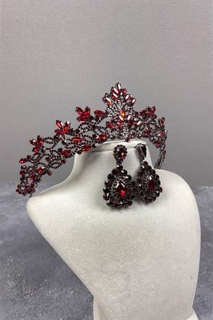 Claret Red Melis Bridal Henna Crown And Stone Drop Earrings