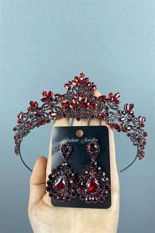 Claret Red Melis Bridal Henna Crown And Stone Drop Earrings