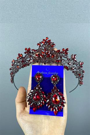 Claret Red Melis Bridal Henna Tiara and Stud Earrings